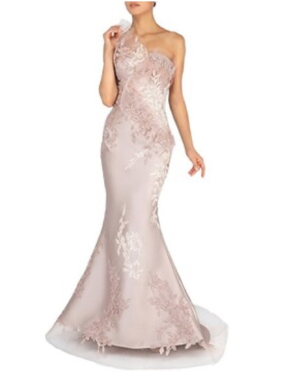 Terani Couture One-Shoulder Dress in Blush/Champagne Pink